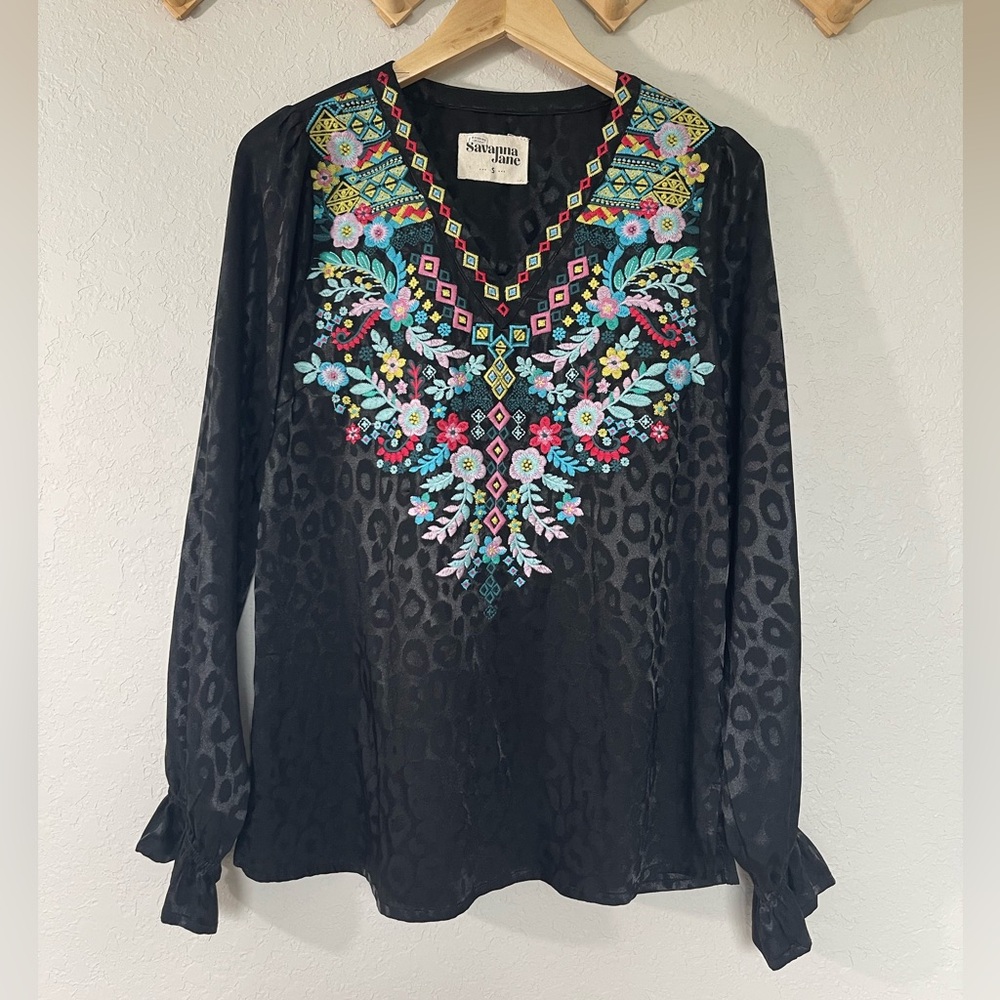 Savannah Jane Leopard Print Black Floral Embroide… - image 1